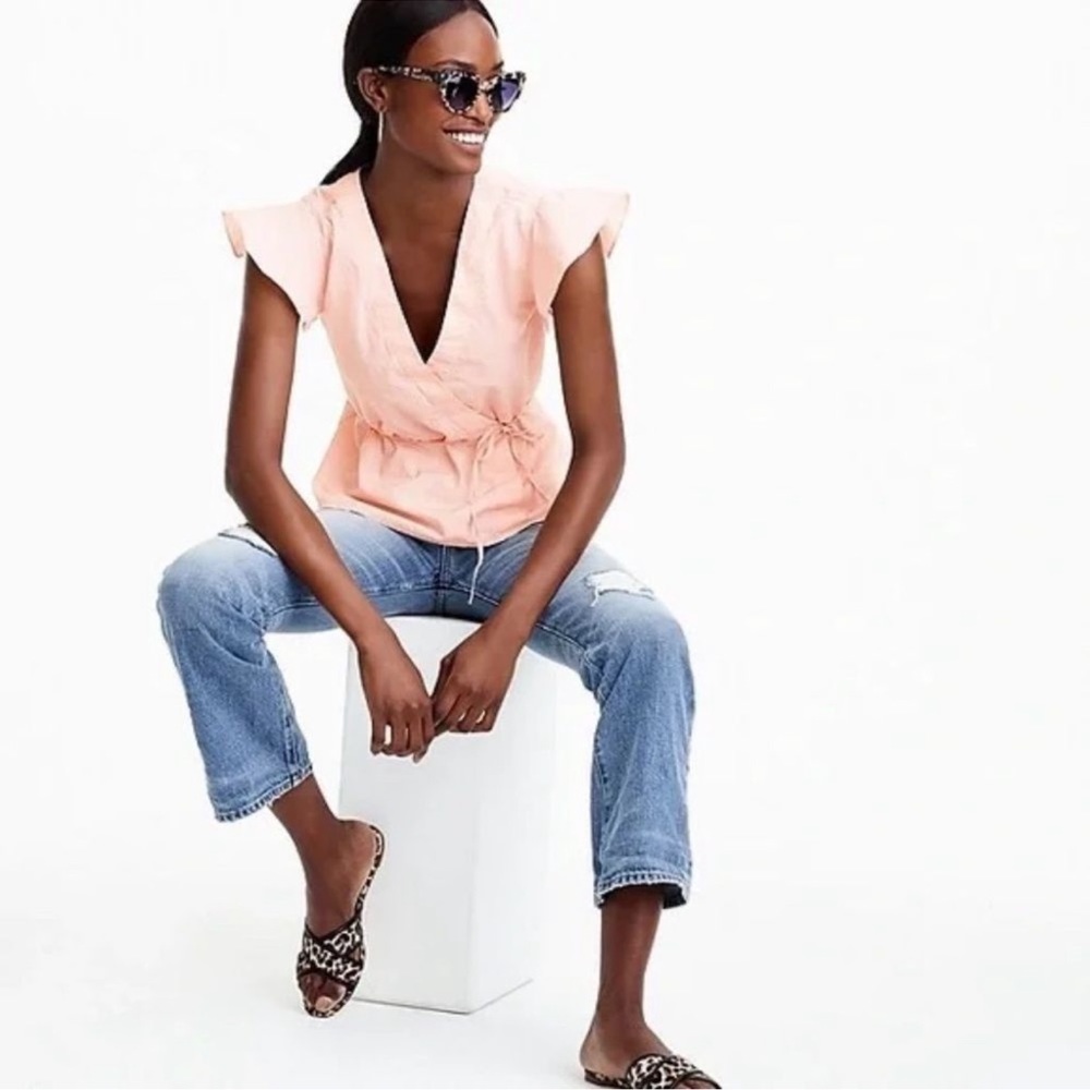 J CREW Pink Poplin Flutter-Sleeve Wrap Top - J3968 - Sz 0